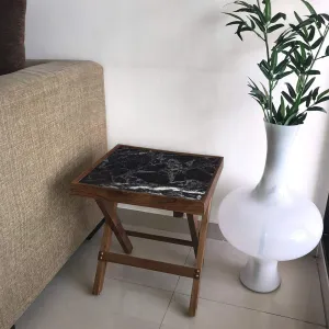 Nutcase Designer Teak Wood Side Table Folding Wooden Bedside Coffee Table - NOT Real Marble - Black Style