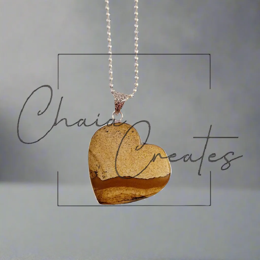 Picture Jasper Heart Sterling Silver Ball Chain Necklace