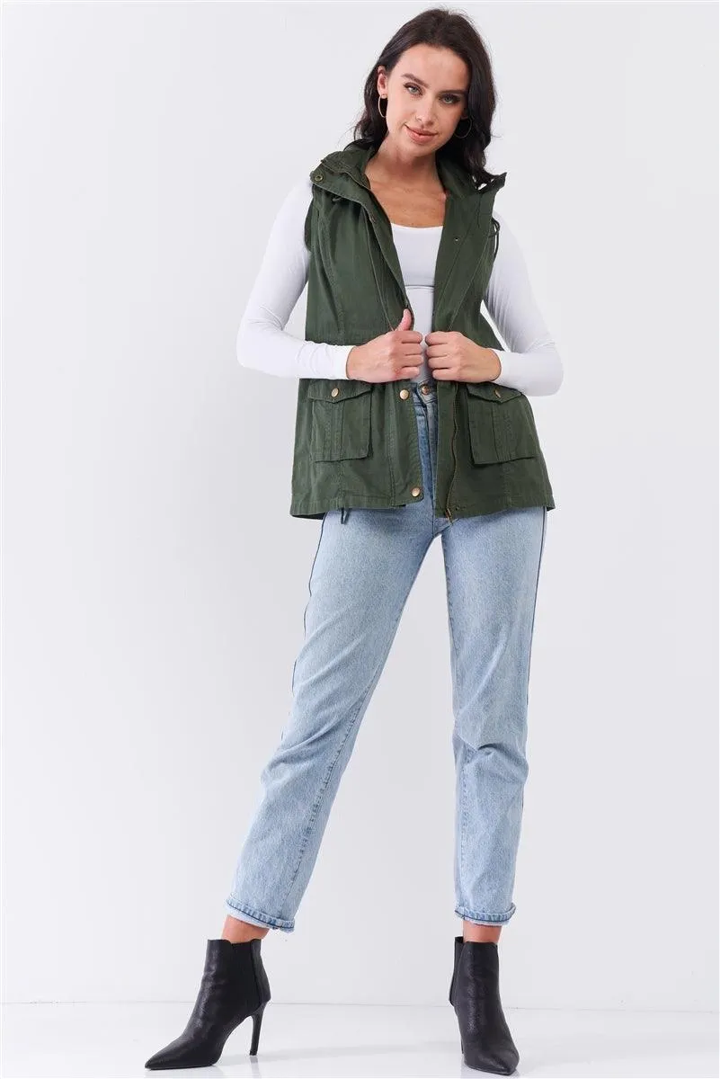 Plus Size Military Sleeveless Detachable Hoodie Vest Jacket