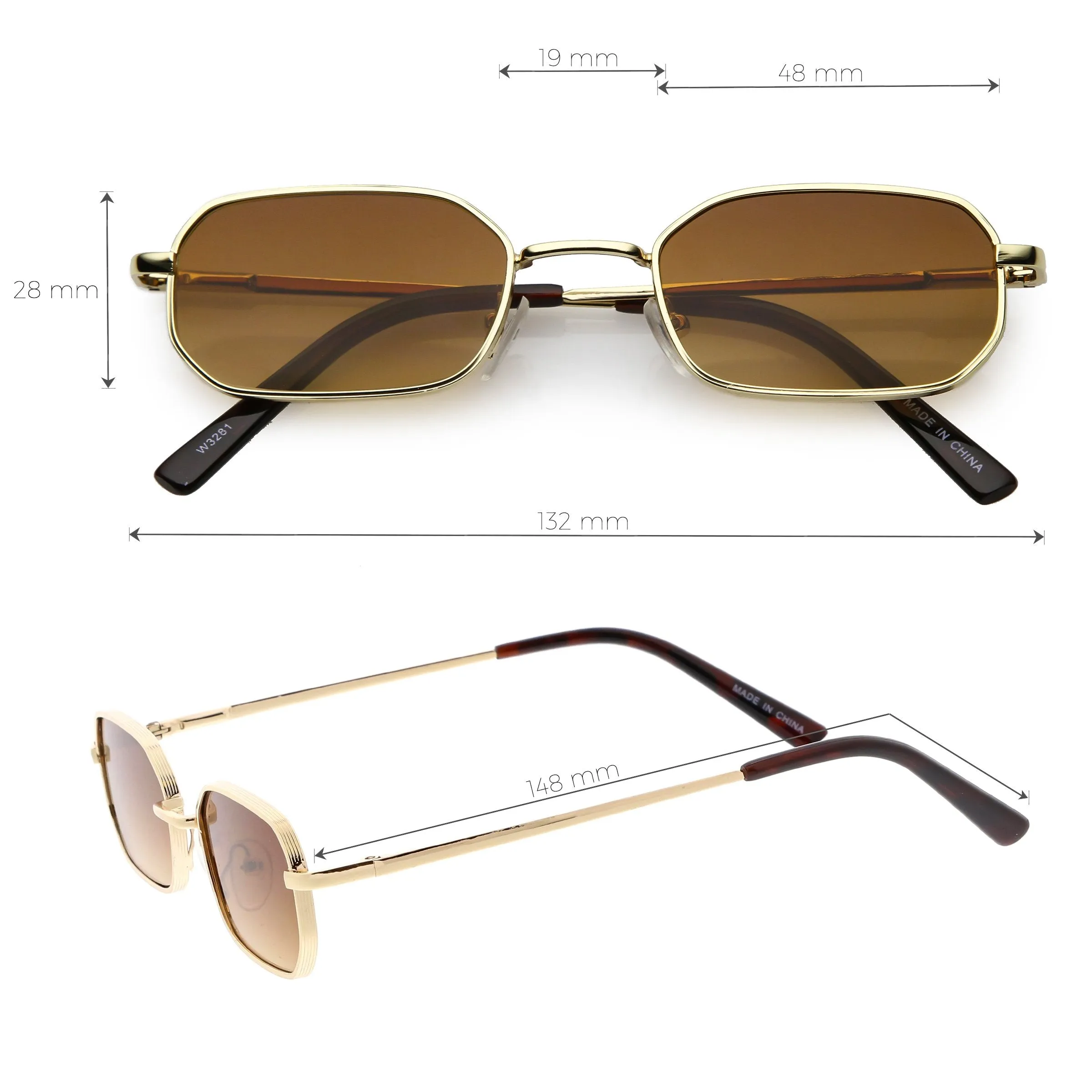 Retro Small 1990's Rectangle Flat Lens Metal Sunglasses C720