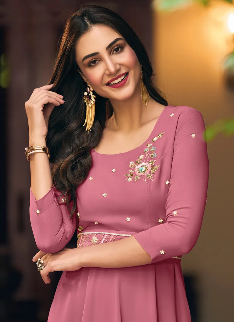 Rose Pink Minimalist Embroidery Flared Gown With Belt