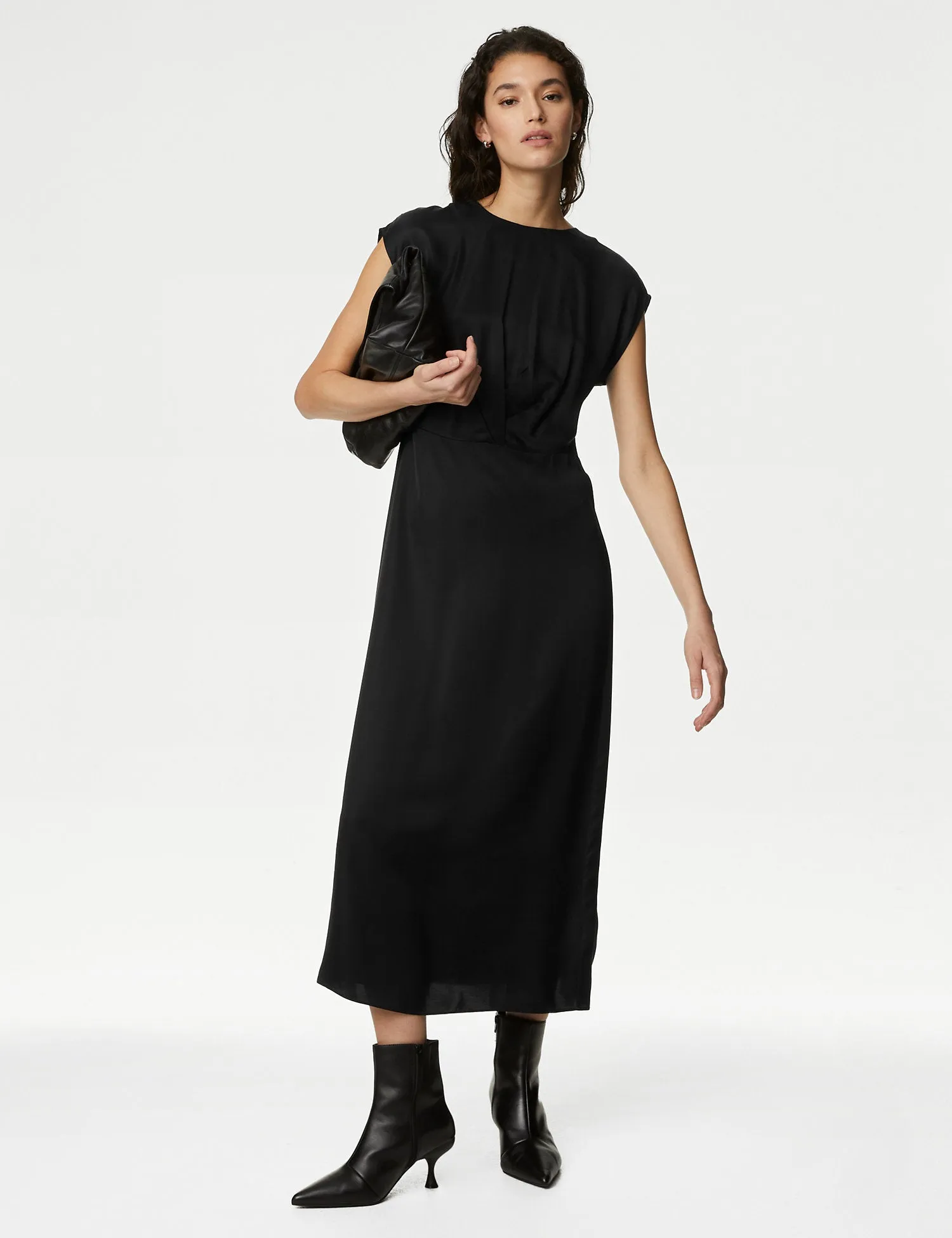 Satin Round Neck Midaxi Waisted Dress