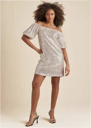 Sequin Off-The-Shoulder Dress - Silver