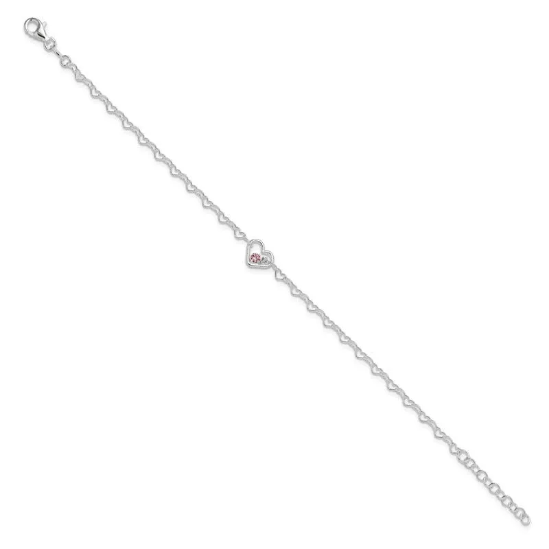 Sterling Silver Polished Heart Link CZ 7in w/1in ext. Bracelet