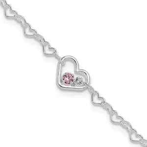 Sterling Silver Polished Heart Link CZ 7in w/1in ext. Bracelet