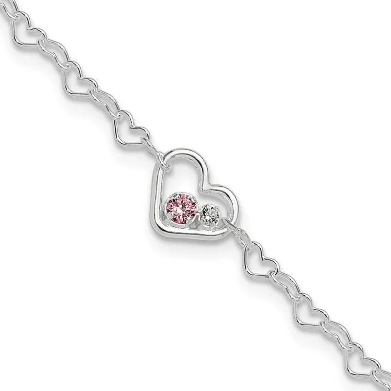Sterling Silver Polished Heart Link CZ 7in w/1in ext. Bracelet