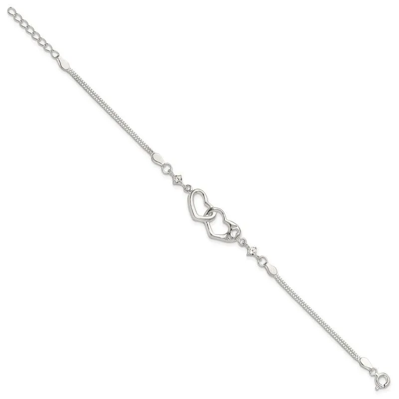 Sterling Silver Rhodium-plated Polished CZ I Heart You w/1in ext Bracelet