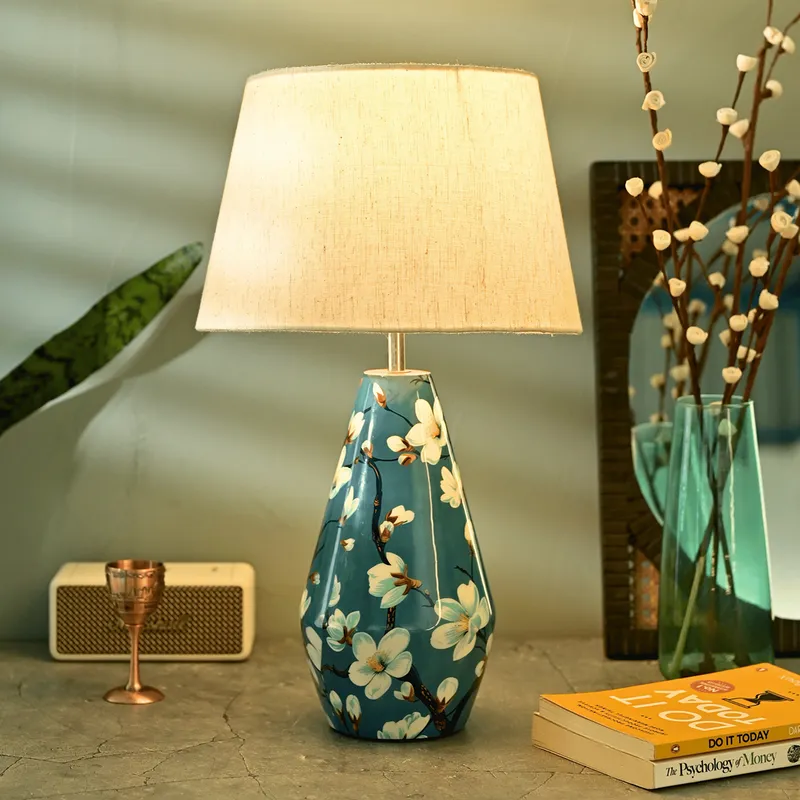 Wooden Table Lamp | Almond Blossoms Night Lamp | Blue & Beige
