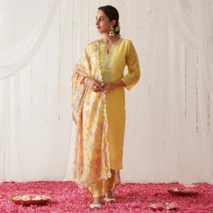 Yellow Embroidered Chanderi Kurta Pant Dupatta Set for Women with Gota Details
